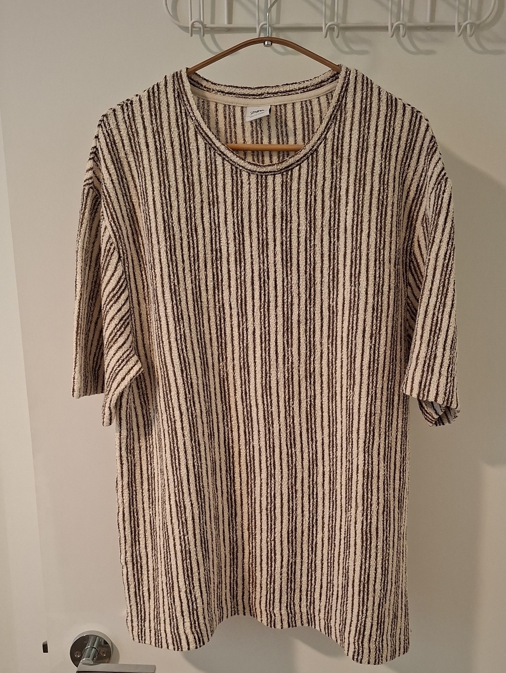 Zara Cream & Brown Striped Terry/Rough Knit Cotton-rich Resort Shirt (Size XL)
